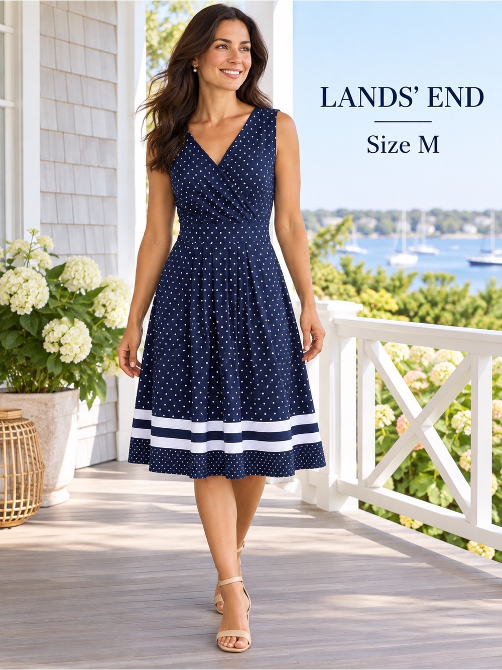 Lands’ End Navy Polka Dot Fit & Flare Midi Dress White Stripe Hem M